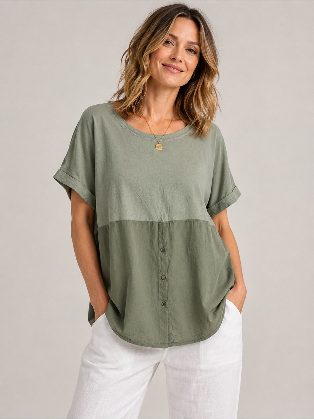 New Collection Sage Green Mixed Media Tunic Top XL Cotton Blend Short Sleeve